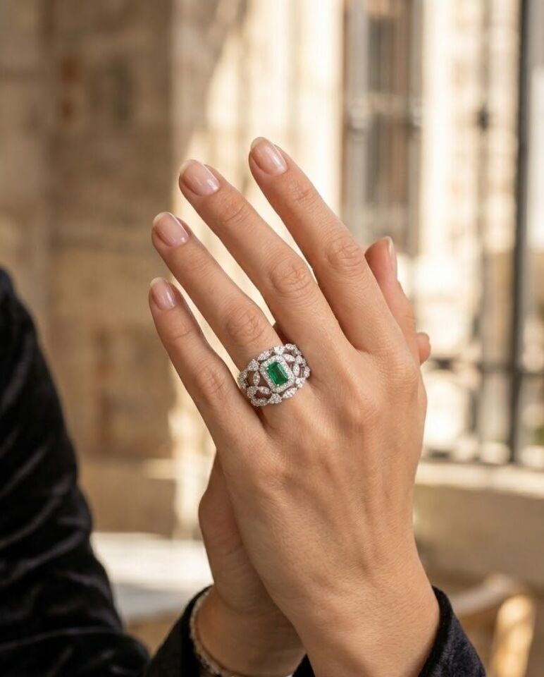 Zümrüt Taşlı Pırlanta Yüzük