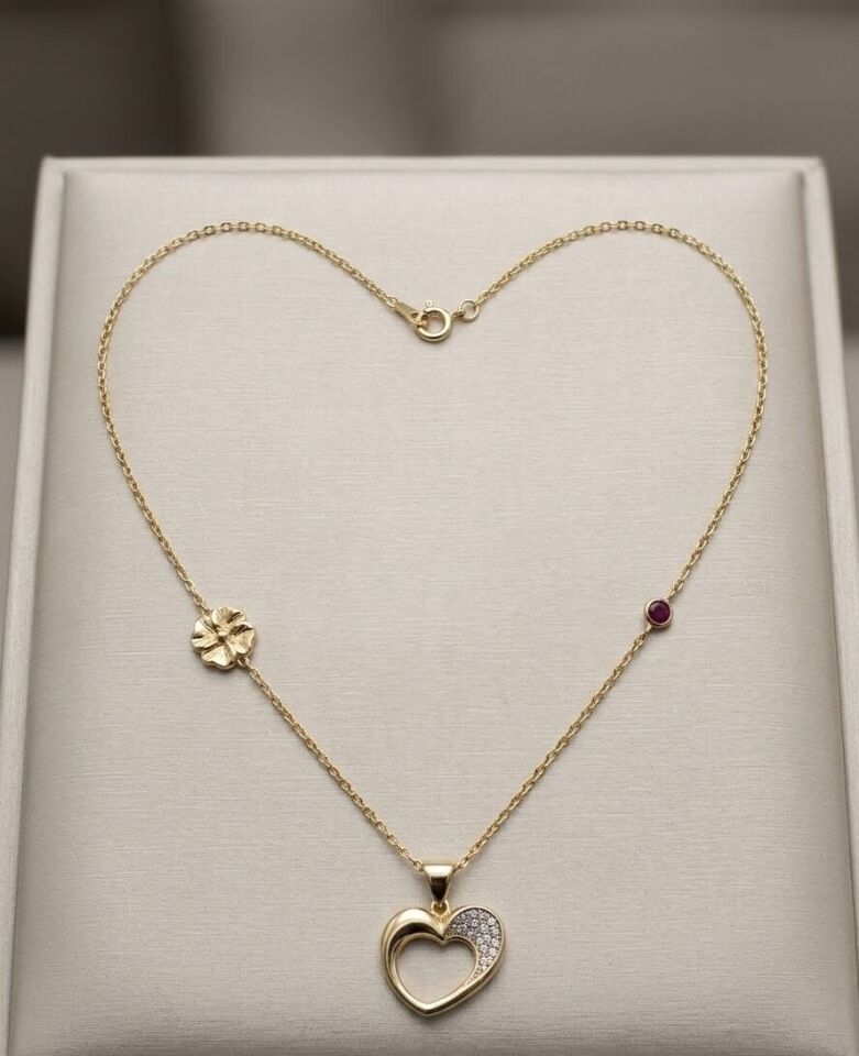 Kalp Taşlı 14 Ayar Altın Kolye