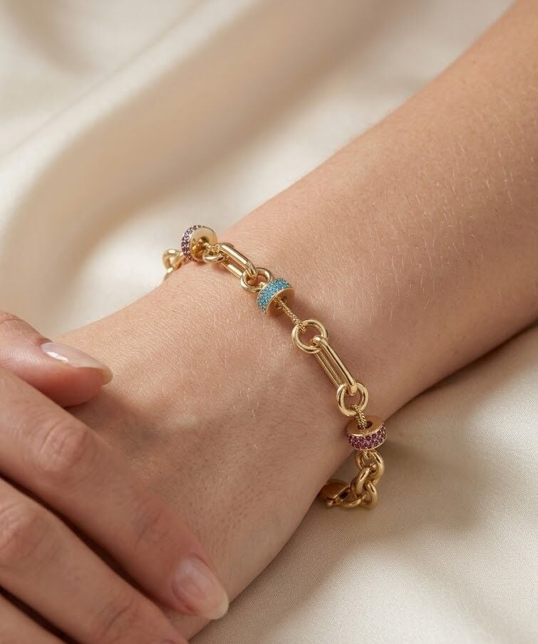 Renkli Taşlı 14 Ayar Altın Bileklilk